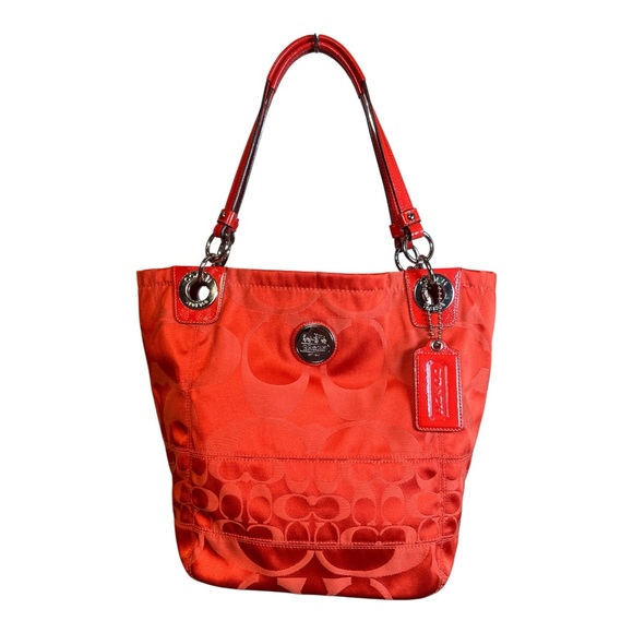 Coach Handbags - COACH Alex Signature Coral Patent Leather Trim Sateen Canvas Tote EUC